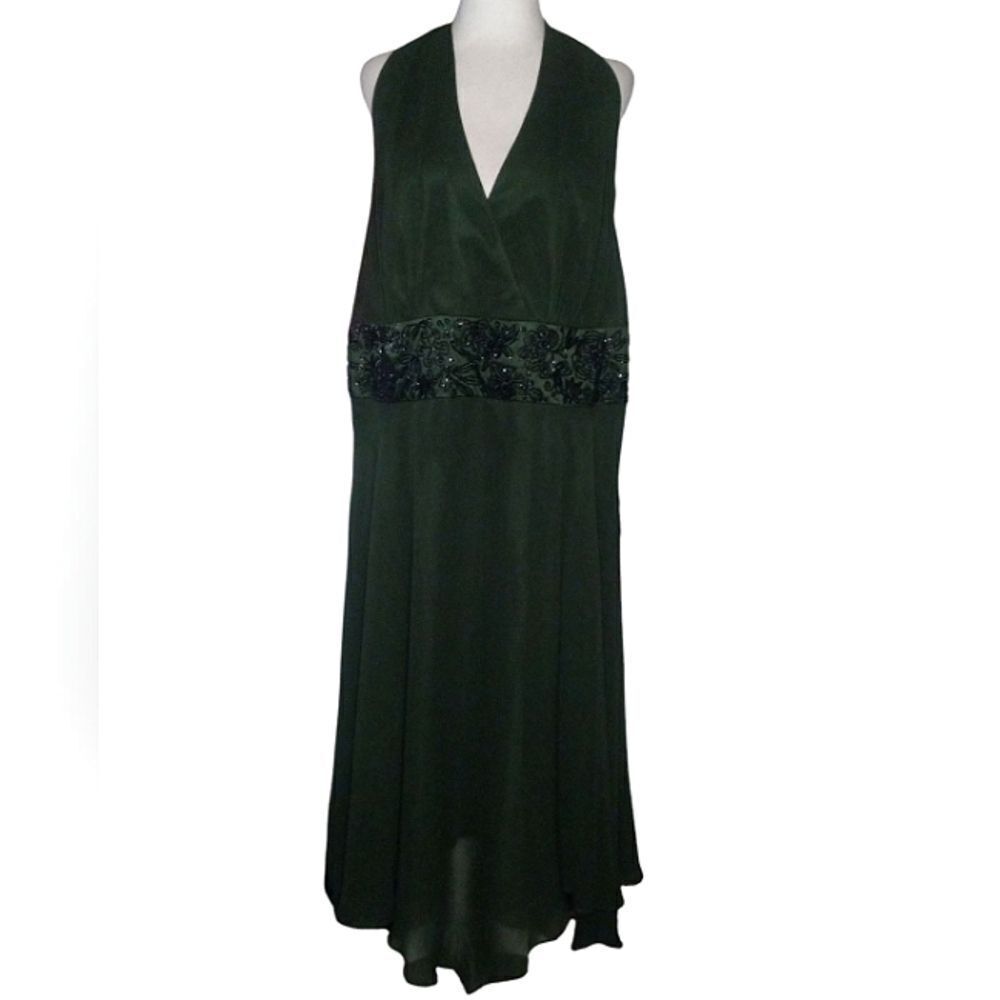 Vintage Donna Ricco Hunter Green Baby Doll Style Beaded Waist Silk Dress